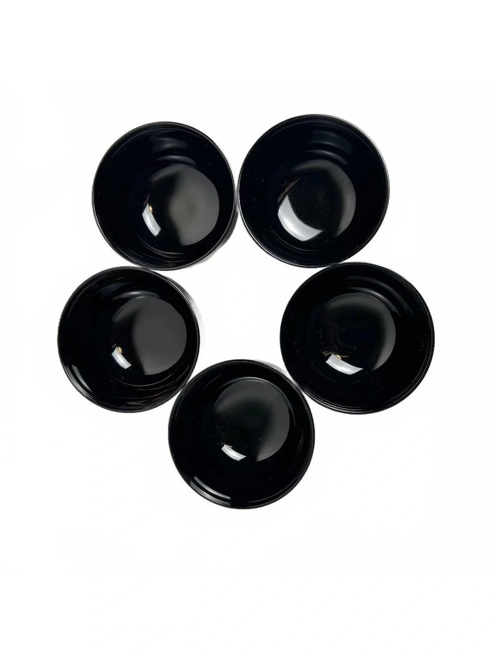 Set of 5 Vintage Black Lacquered Japanese Tea Bowls with Gold Leaf Design